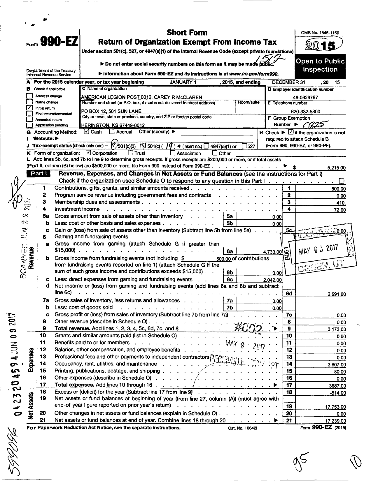 Image of first page of 2015 Form 990EO for American Legion - 12 Carey MC Claren
