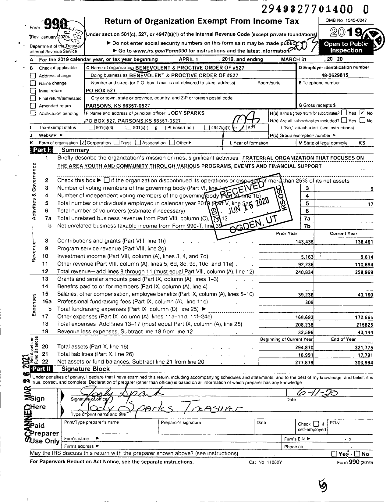 Image of first page of 2019 Form 990O for Benevolent and Protective Order of Elks - 527 Parsons