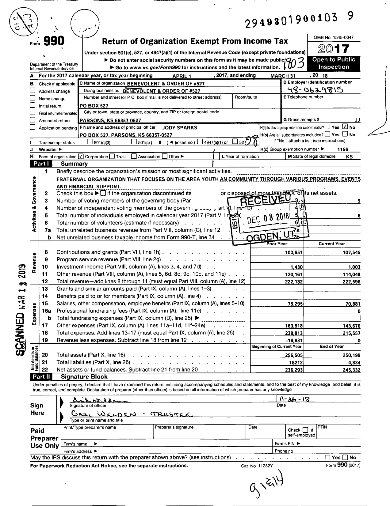 Image of first page of 2017 Form 990O for Benevolent and Protective Order of Elks - 527 Parsons