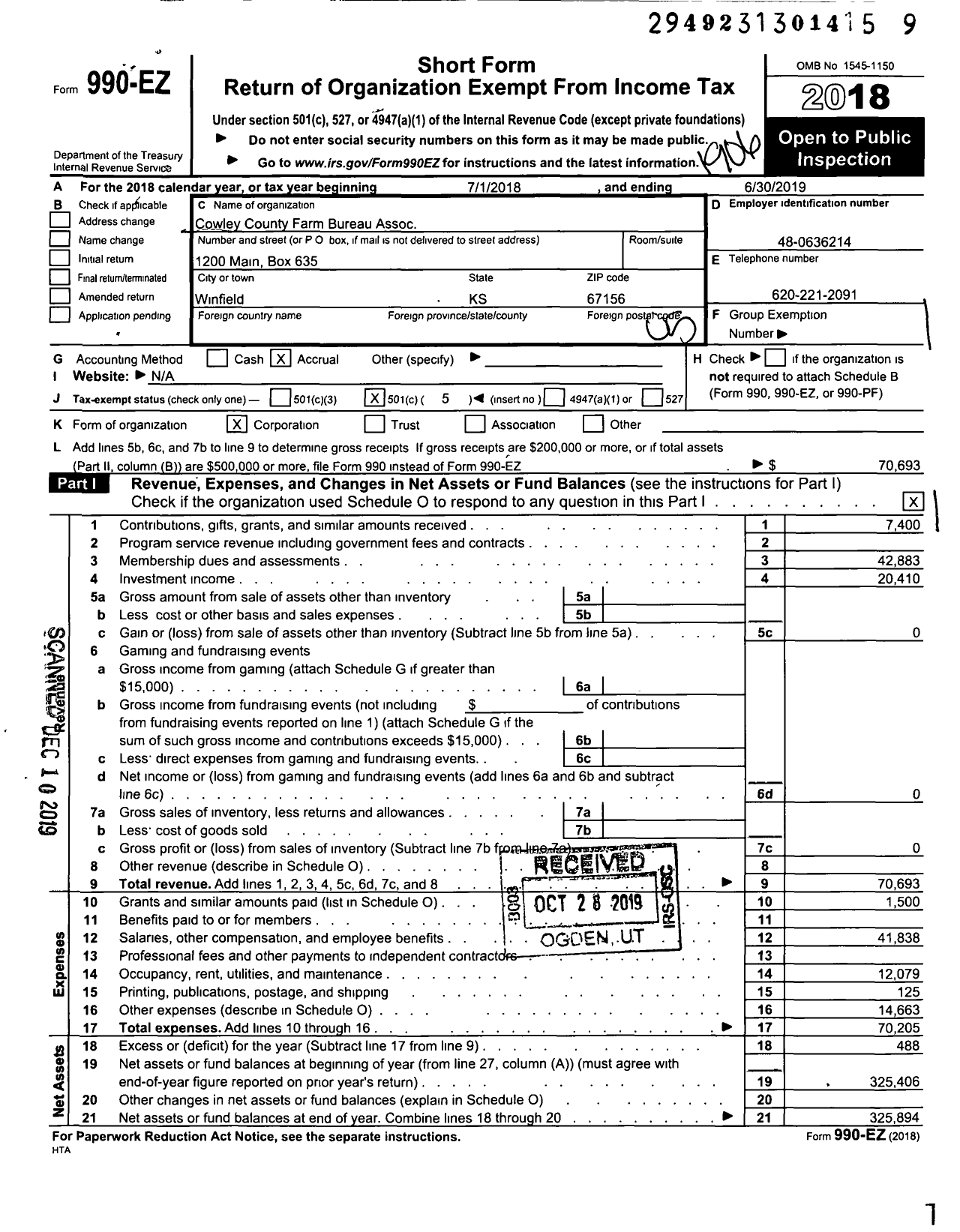 Image of first page of 2018 Form 990EO for Cowley County Farm Bureau Assoc