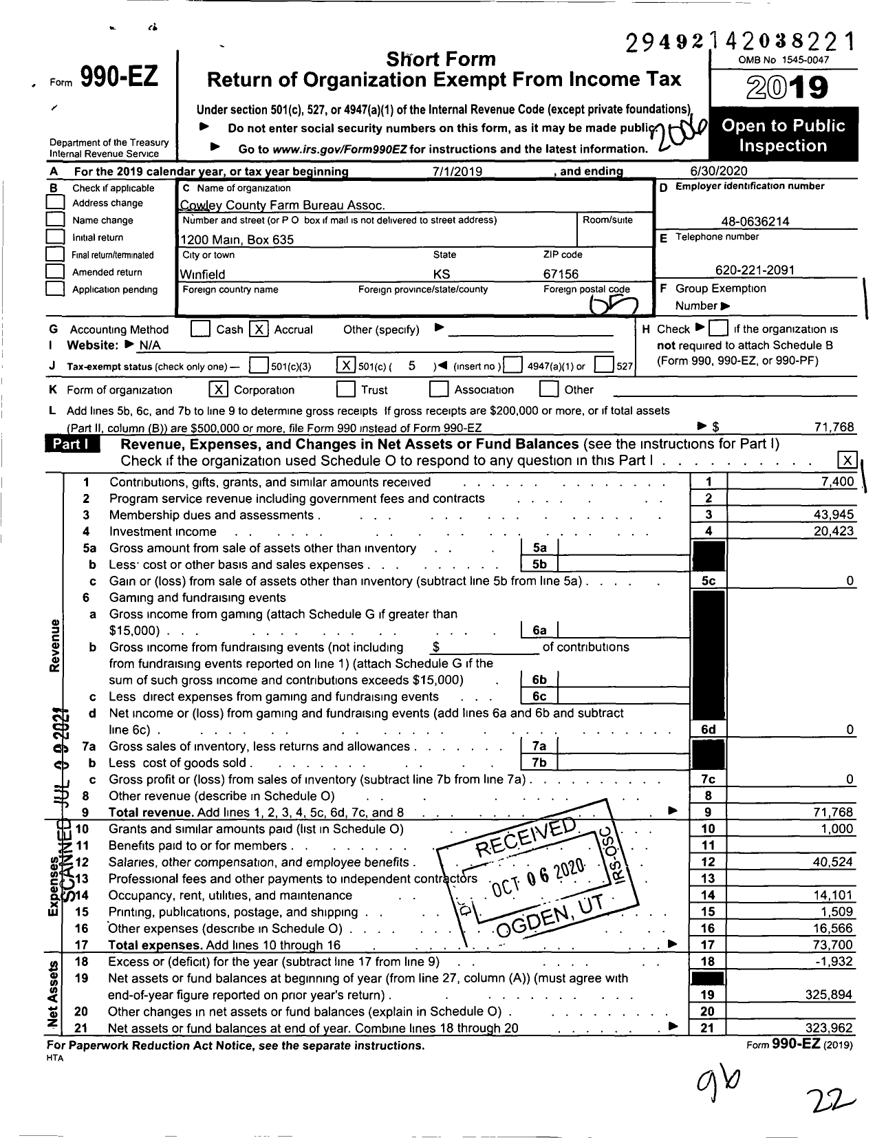 Image of first page of 2019 Form 990EO for Cowley County Farm Bureau Assoc