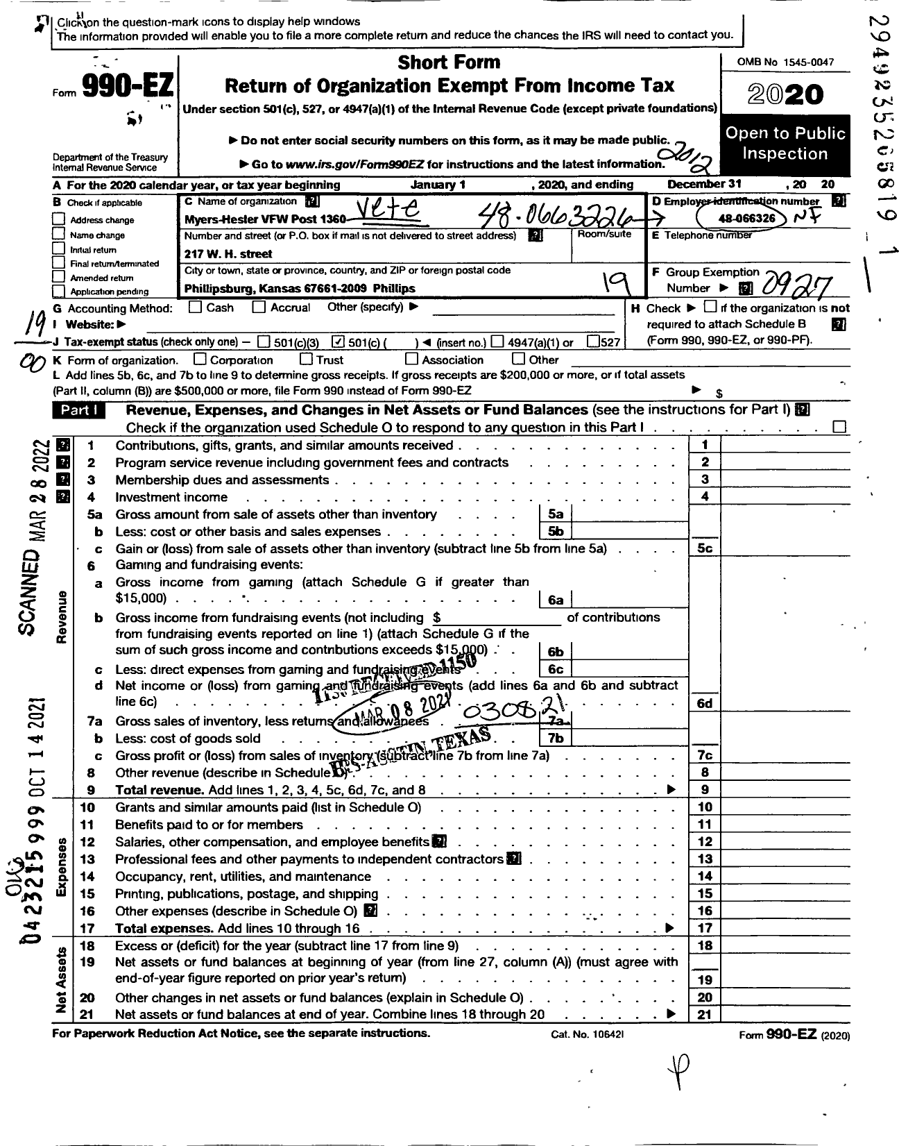 Image of first page of 2020 Form 990EO for Veterans of Foreign Wars of the United States Dept of Kansas - 1360 Myers Hesler