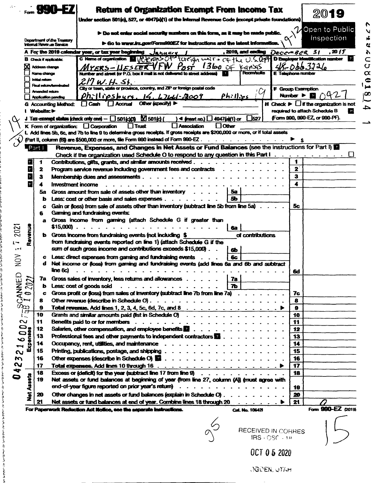 Image of first page of 2019 Form 990EO for Veterans of Foreign Wars of the United States Dept of Kansas - 1360 Myers Hesler