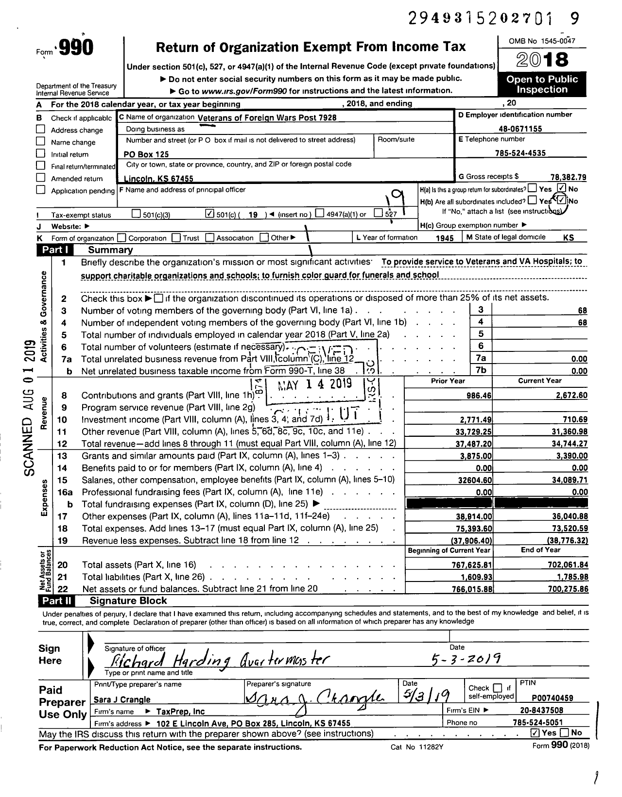 Image of first page of 2018 Form 990O for Veterans of Foreign Wars of the United States Dept of Kansas - 7928 Lincoln