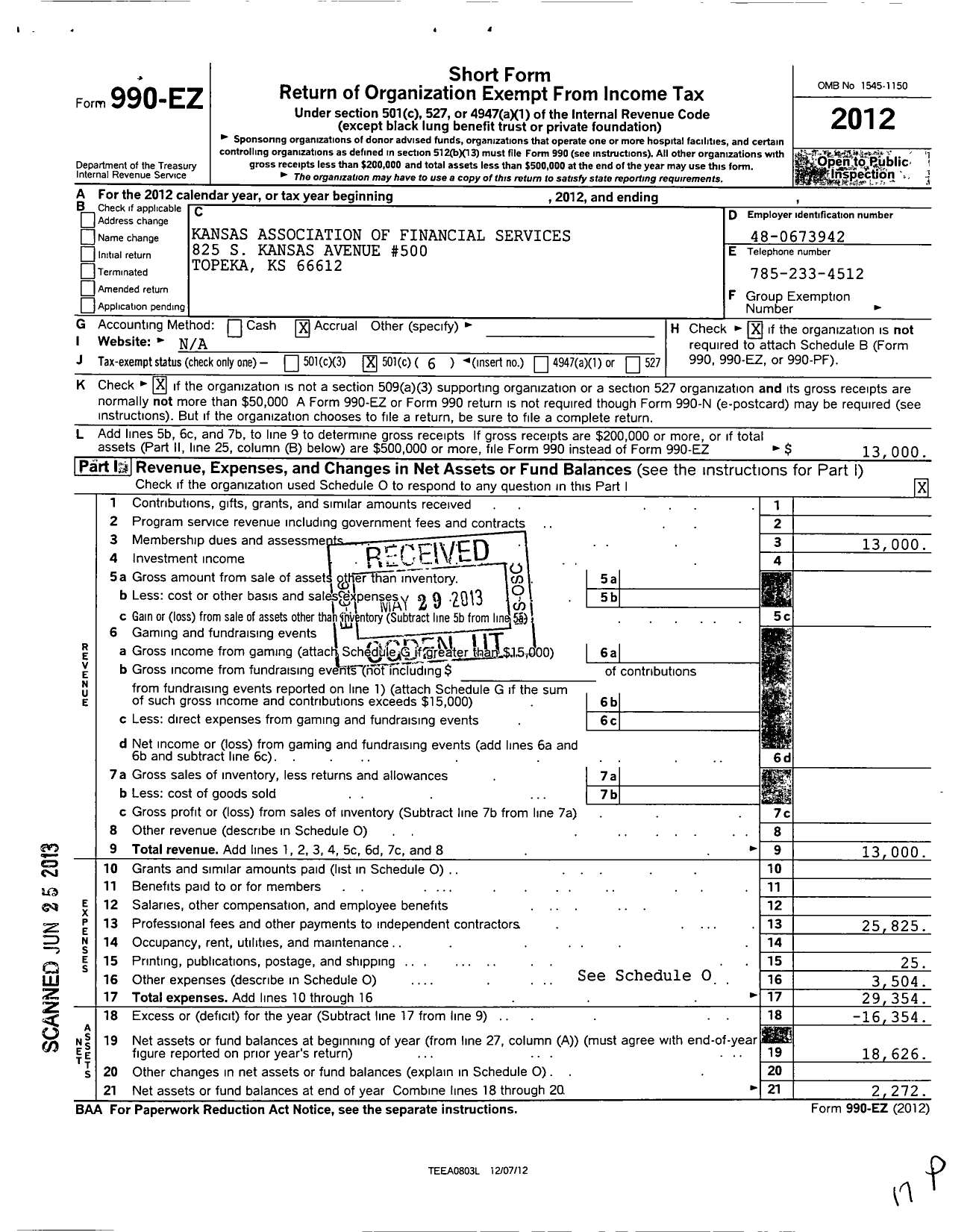 Image of first page of 2012 Form 990EO for Kansas Association of Financial Services