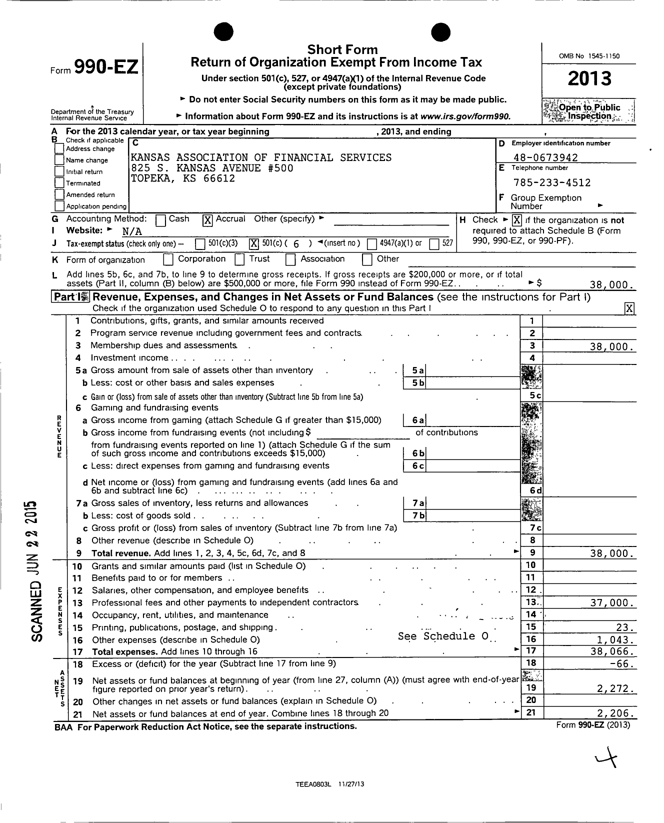 Image of first page of 2013 Form 990EO for Kansas Association of Financial Services