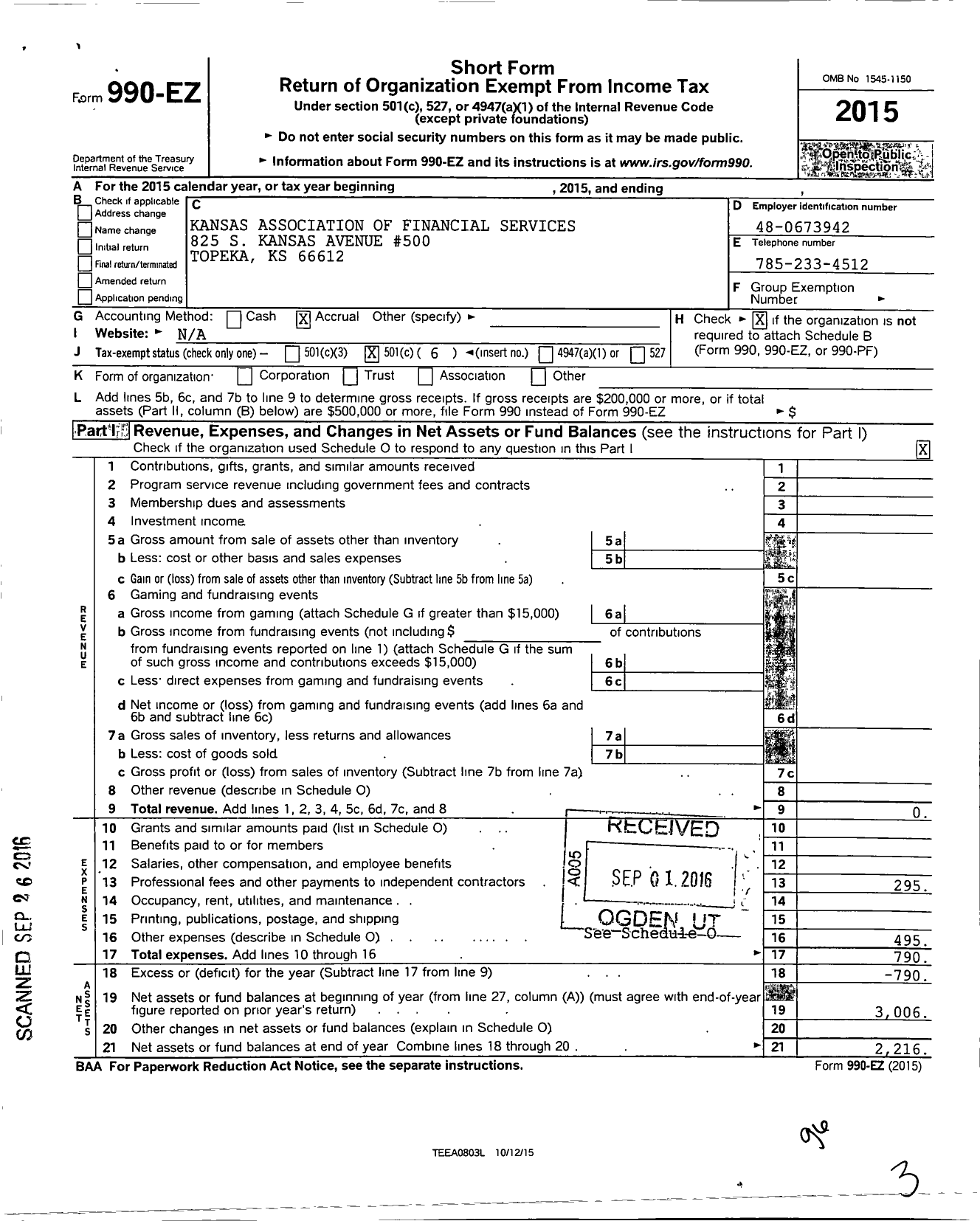 Image of first page of 2015 Form 990EO for Kansas Association of Financial Services