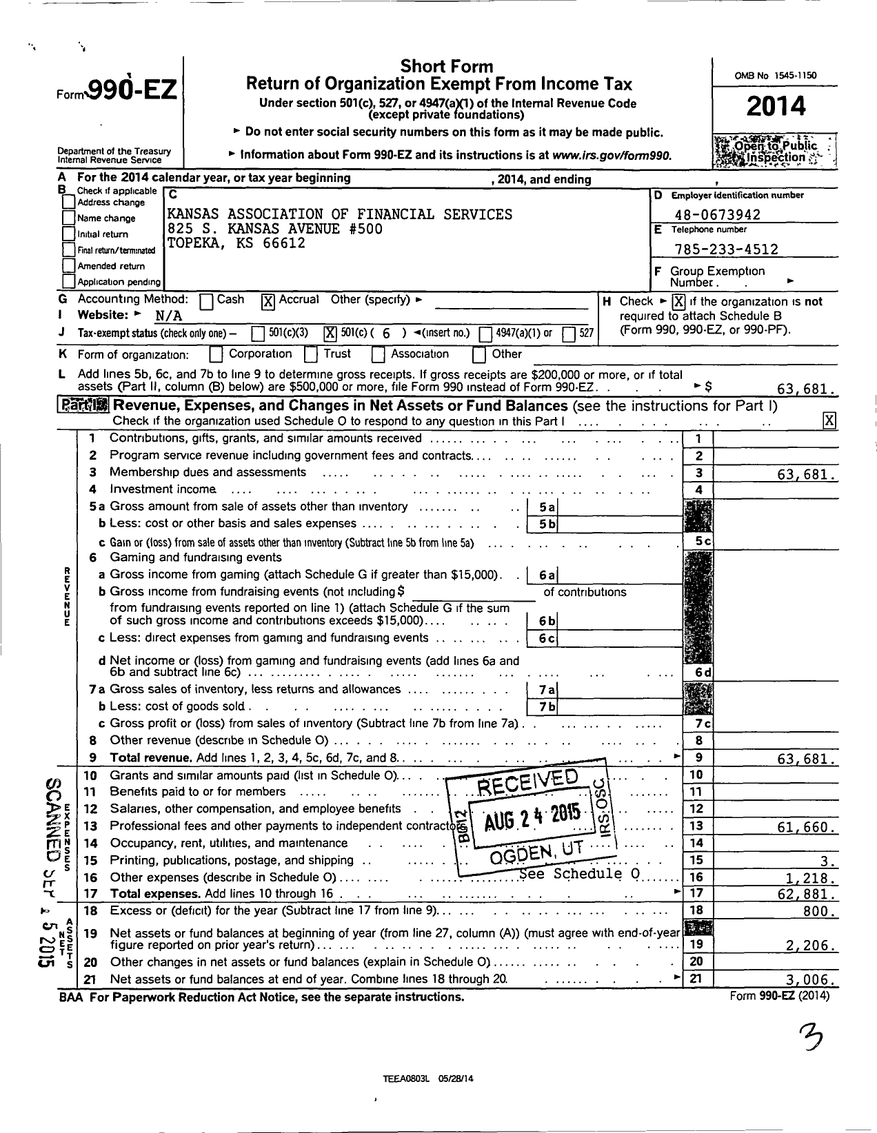 Image of first page of 2014 Form 990EO for Kansas Association of Financial Services