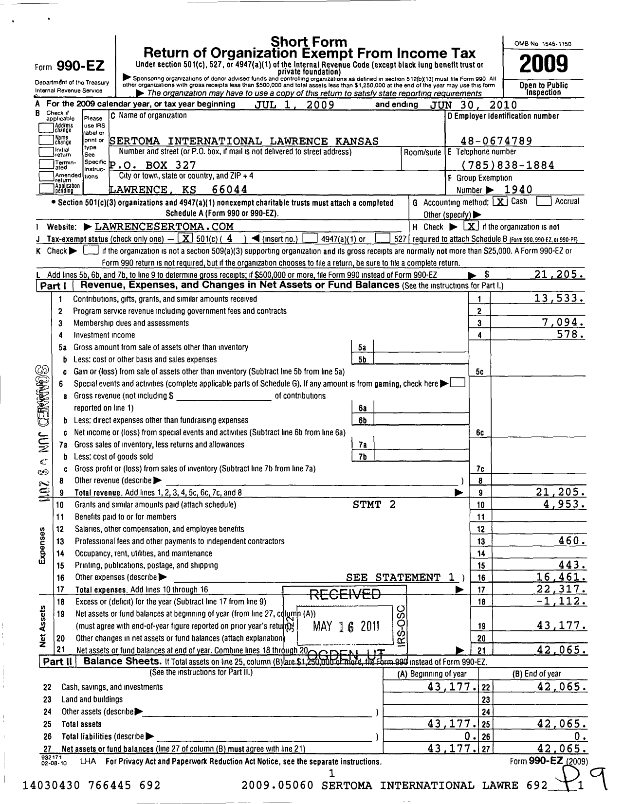 Image of first page of 2009 Form 990EO for Sertoma - 10247 Lawrence Sertoma Club