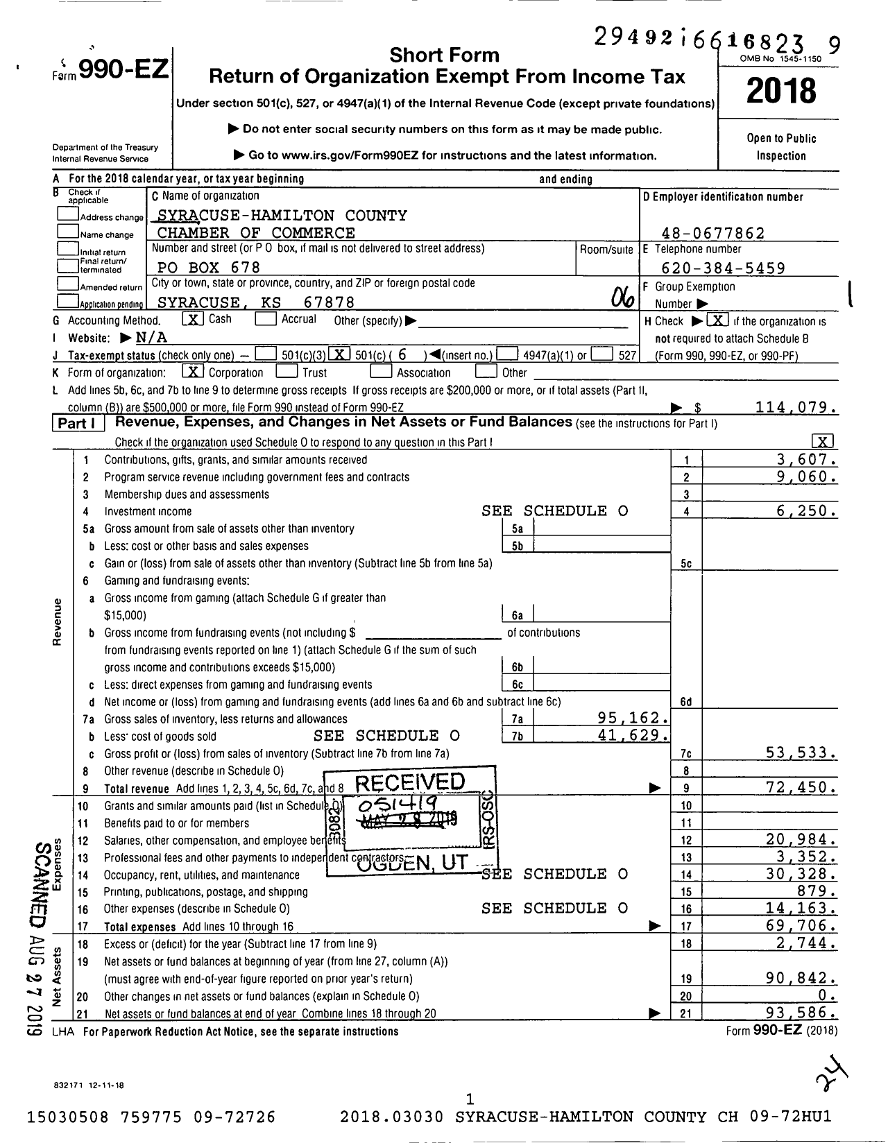 Image of first page of 2018 Form 990EO for Syracuse-Hamilton County Chamber of Commerce