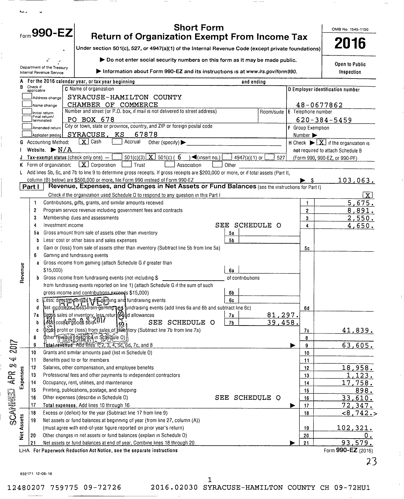 Image of first page of 2016 Form 990EO for Syracuse-Hamilton County Chamber of Commerce