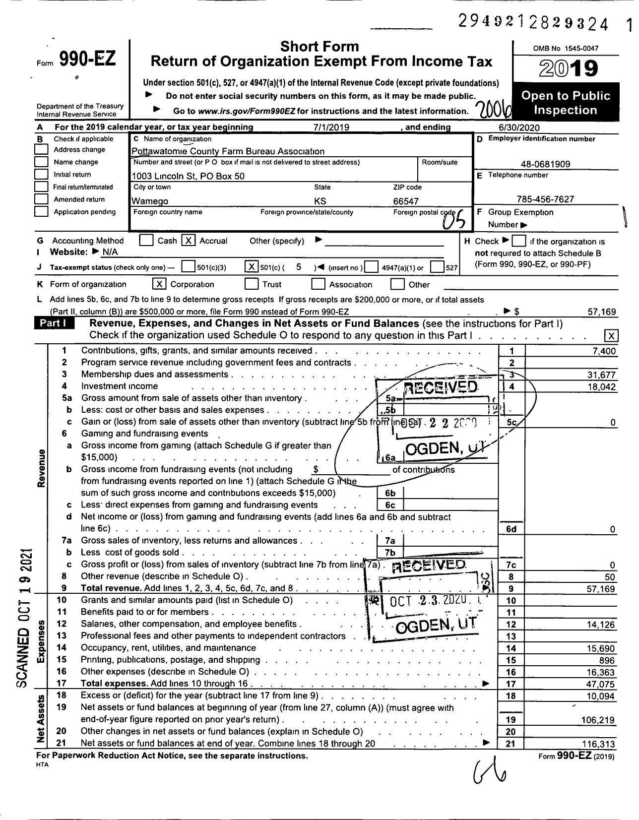 Image of first page of 2019 Form 990EO for Pottawatomie County Farm Bureau Association