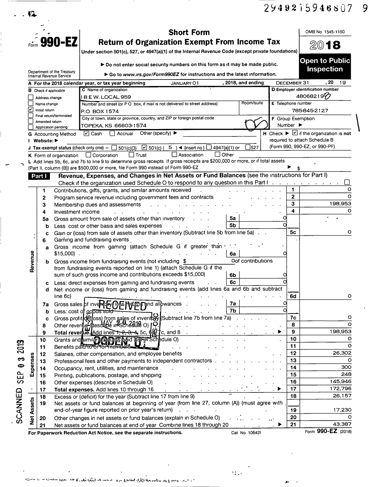 Image of first page of 2019 Form 990EO for INTERNATIONAL BROTHERHOOD OF ELECTRICAL WORKERS - 959 Local Union