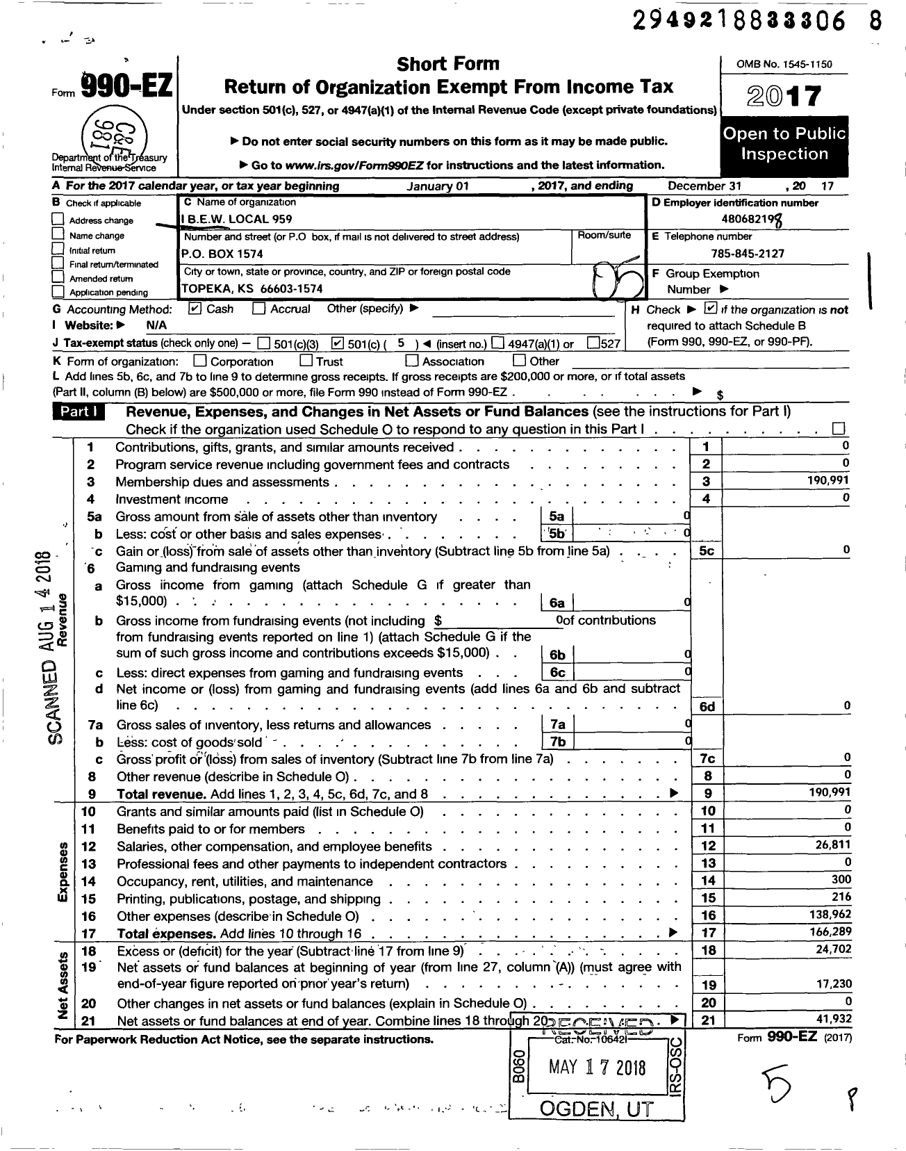 Image of first page of 2017 Form 990EO for INTERNATIONAL BROTHERHOOD OF ELECTRICAL WORKERS - 959 Local Union