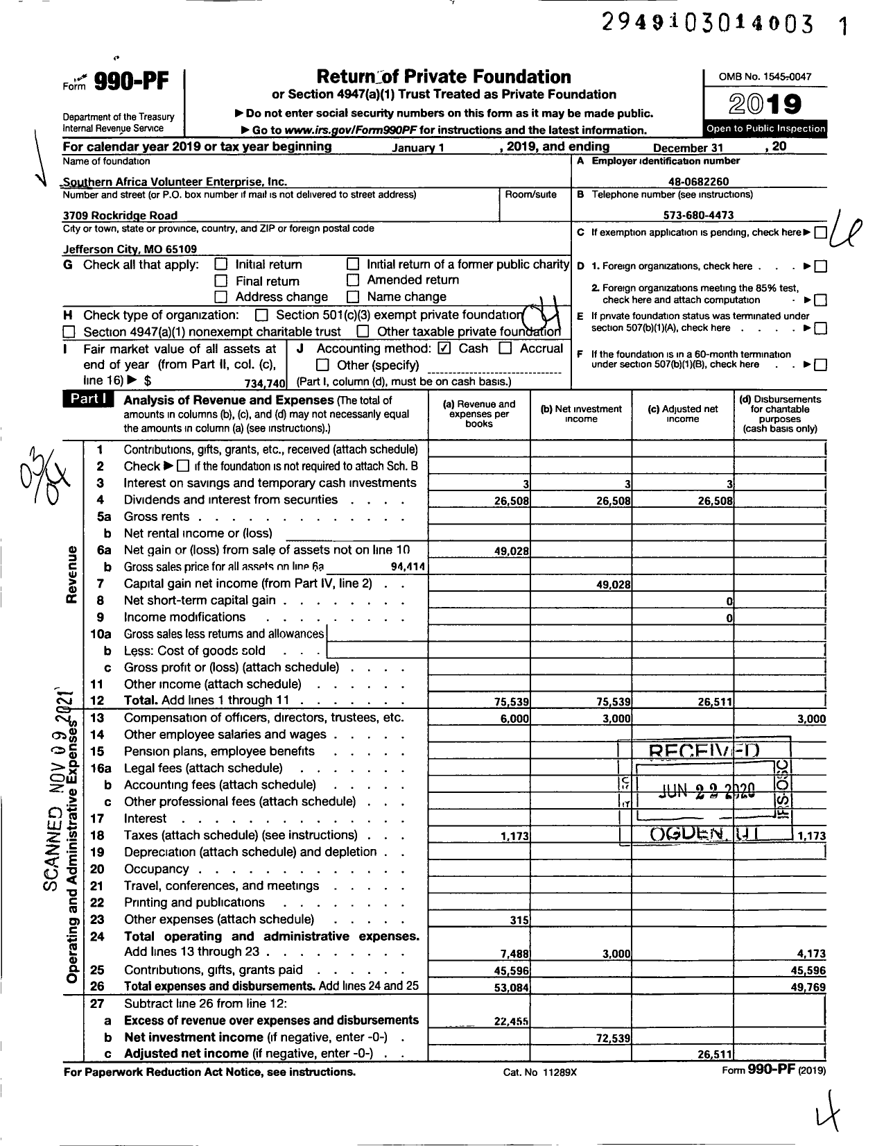 Image of first page of 2019 Form 990PF for Southern Africa Volunteer Enterprise