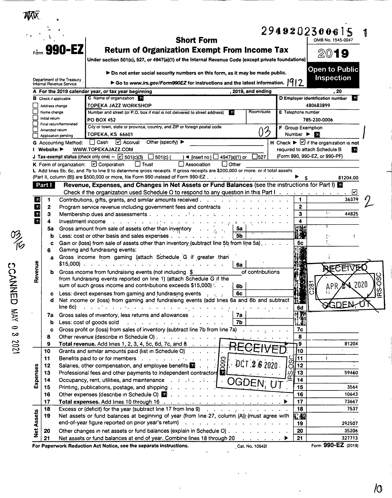 Image of first page of 2019 Form 990EZ for Topeka Jazz Workshop