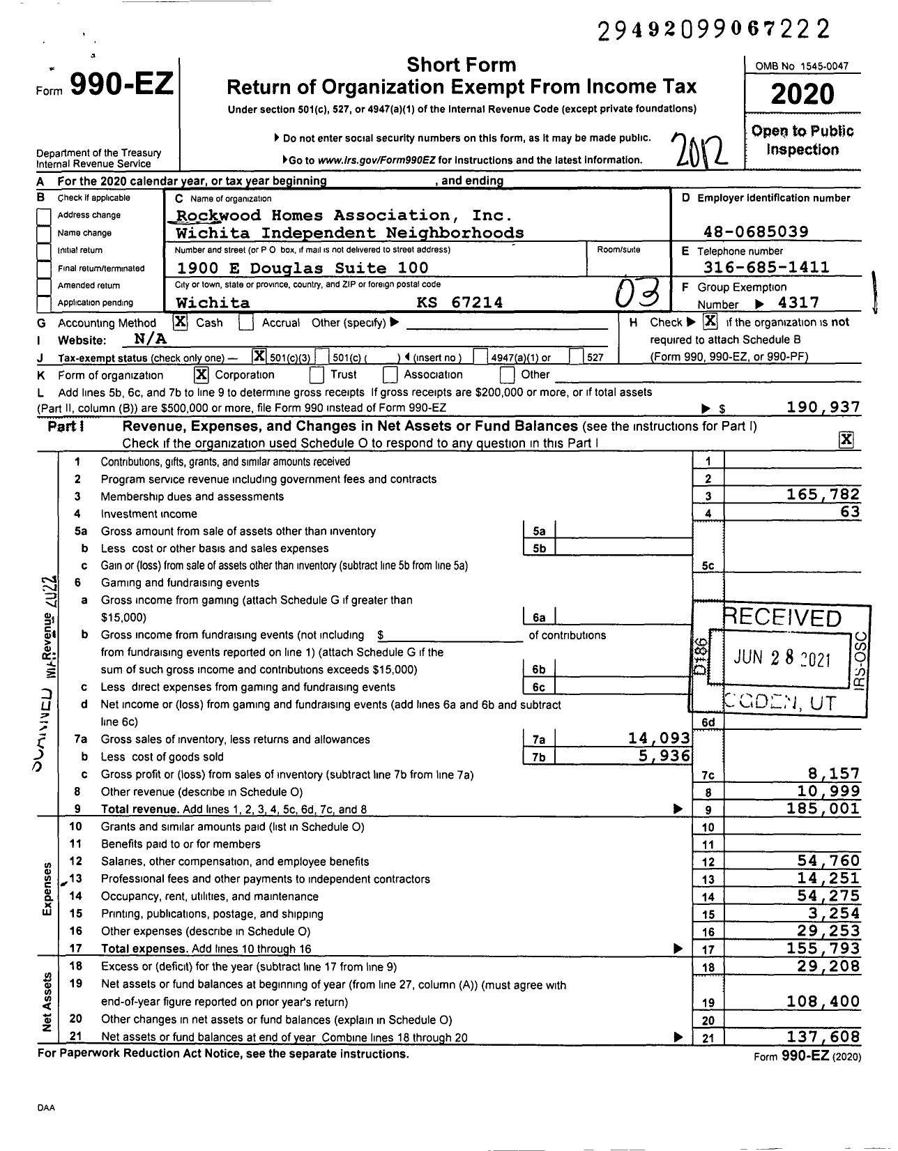 Image of first page of 2020 Form 990EZ for Rockwood Homes Association Wichita Independent Neighborhoods