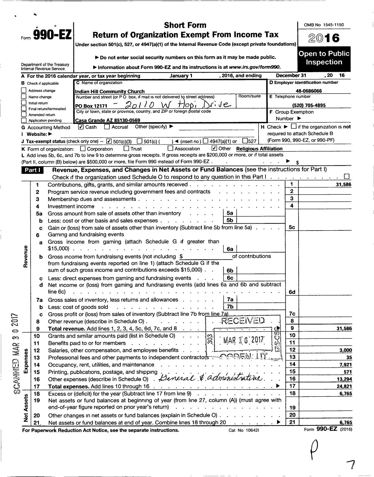 Image of first page of 2016 Form 990EZ for Indian Hill Community Church