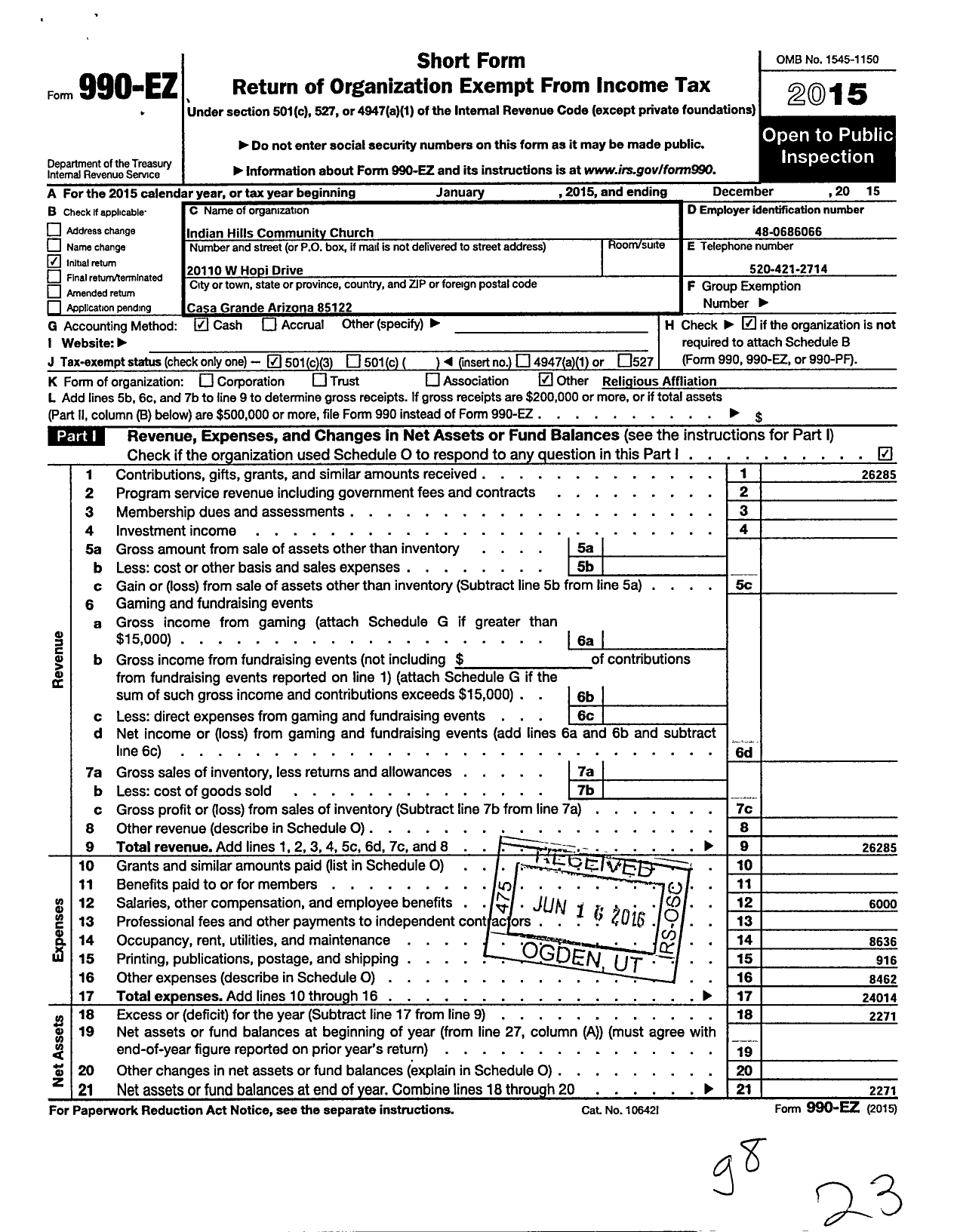 Image of first page of 2015 Form 990EZ for Indian Hill Community Church