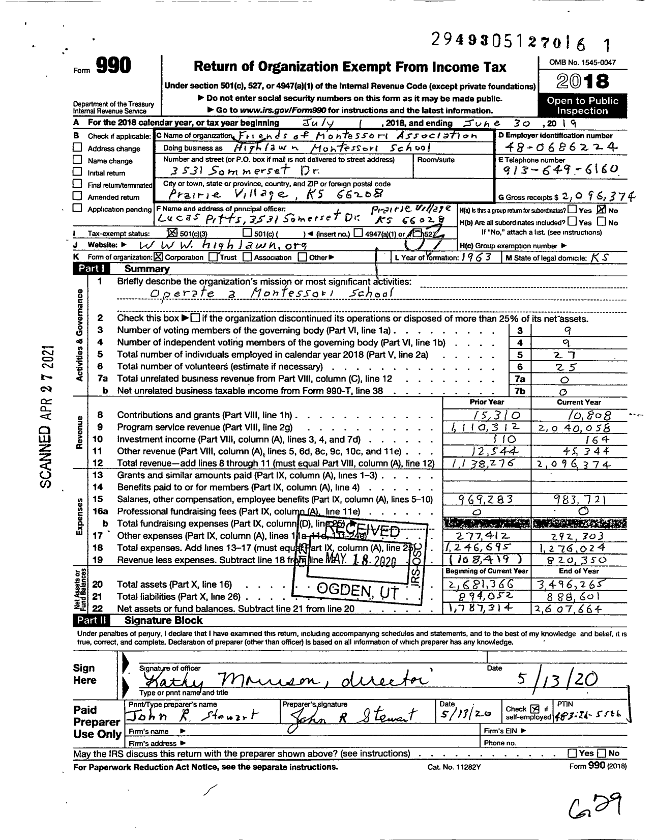 Image of first page of 2018 Form 990 for Highlawn Montessori School