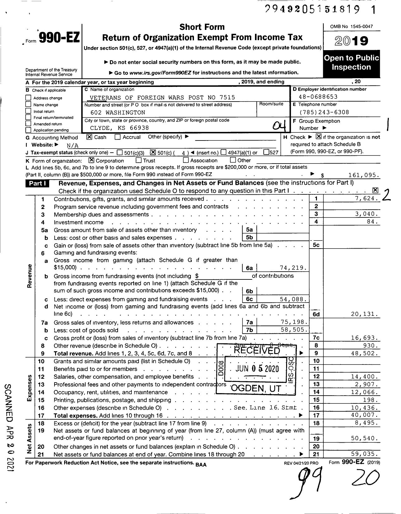 Image of first page of 2019 Form 990EO for Veterans of Foreign Wars of the United States Dept of Kansas - 7515 San Lo Leyte