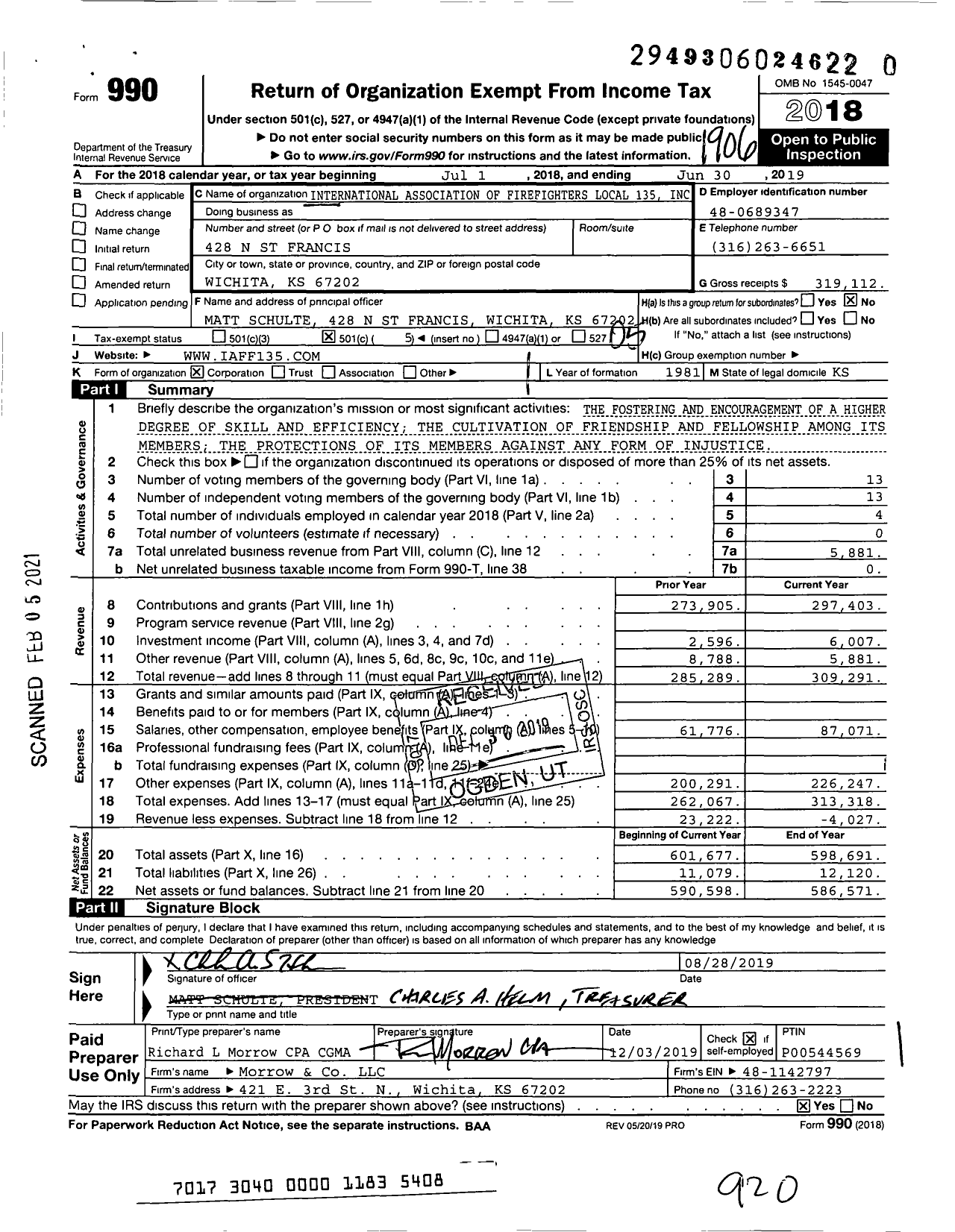 Image of first page of 2018 Form 990O for International Association of Fire Fighters - L0135 Wichita