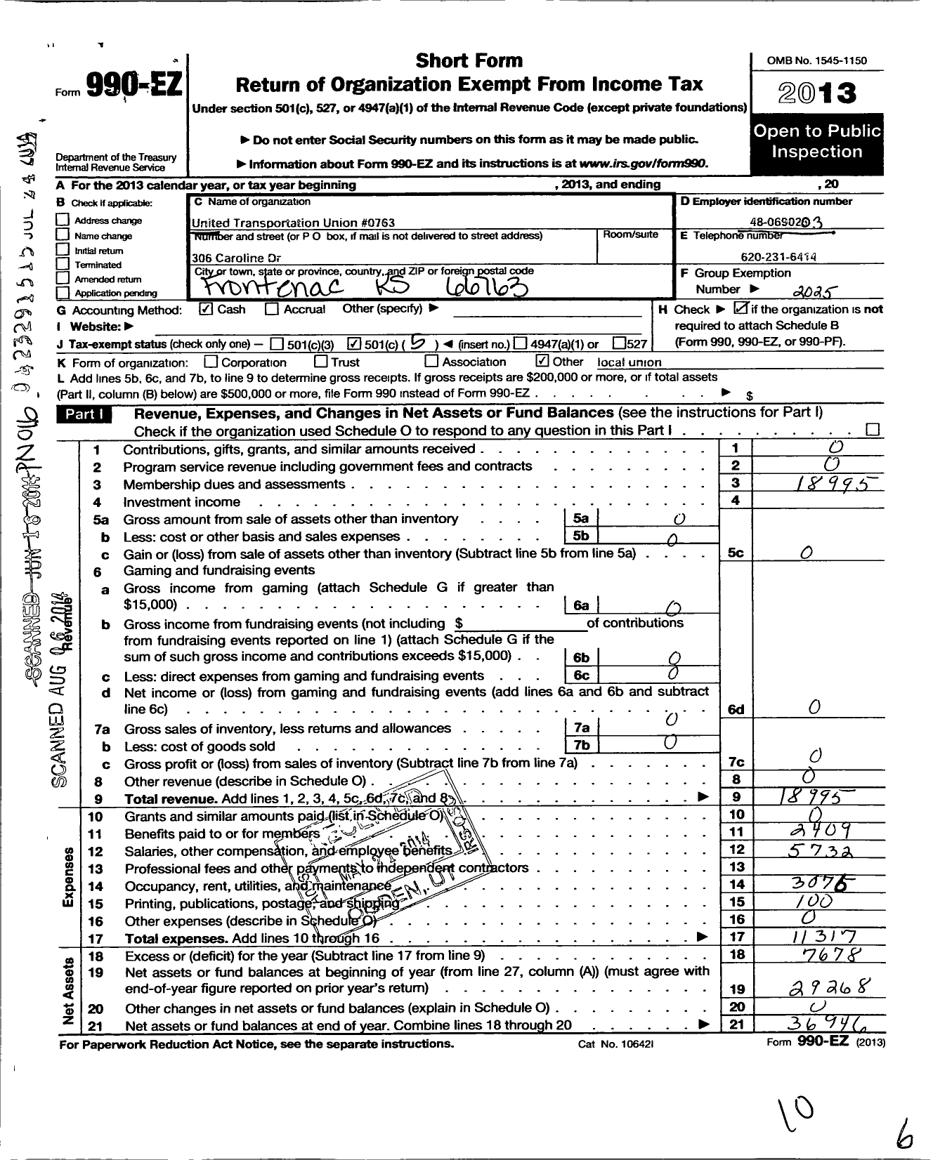 Image of first page of 2013 Form 990EO for Smart Union - 763 TD