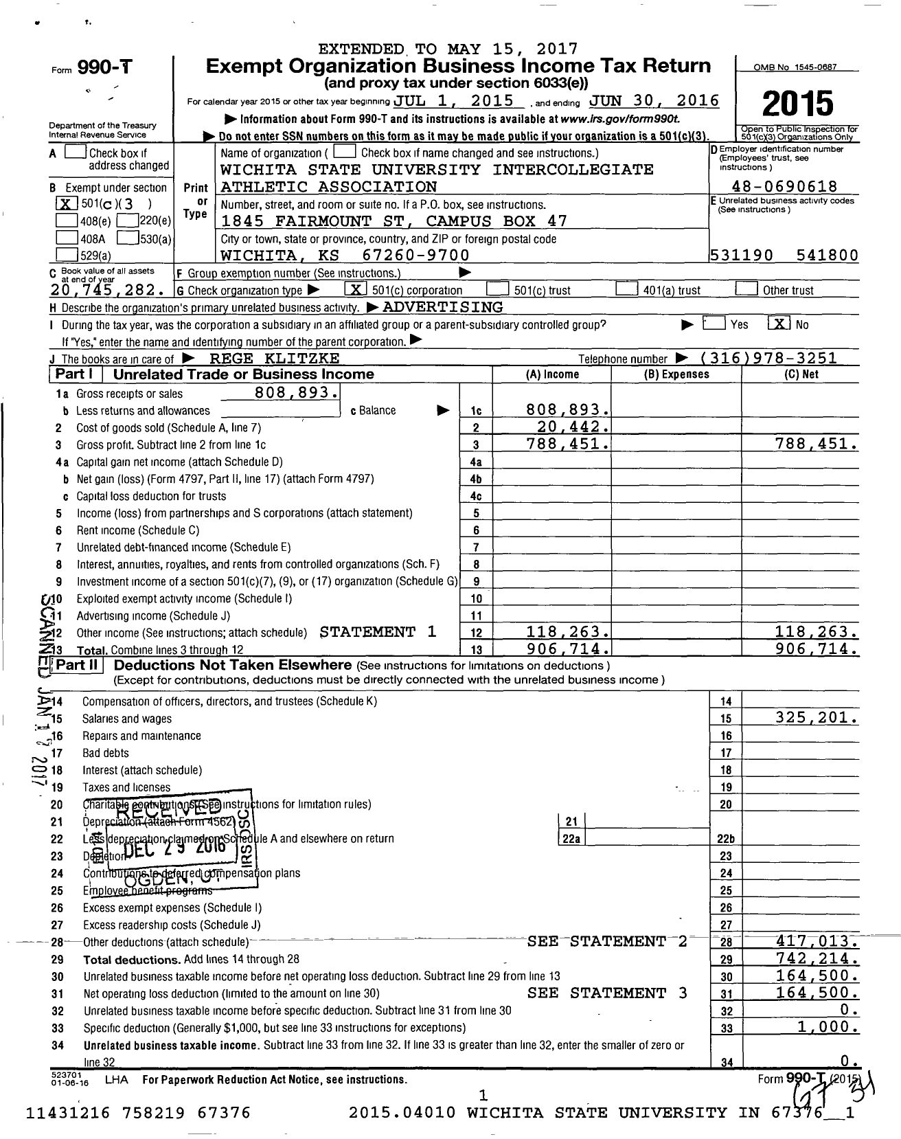 Image of first page of 2015 Form 990 for Wichita State University Intercollegiate Athletic Association