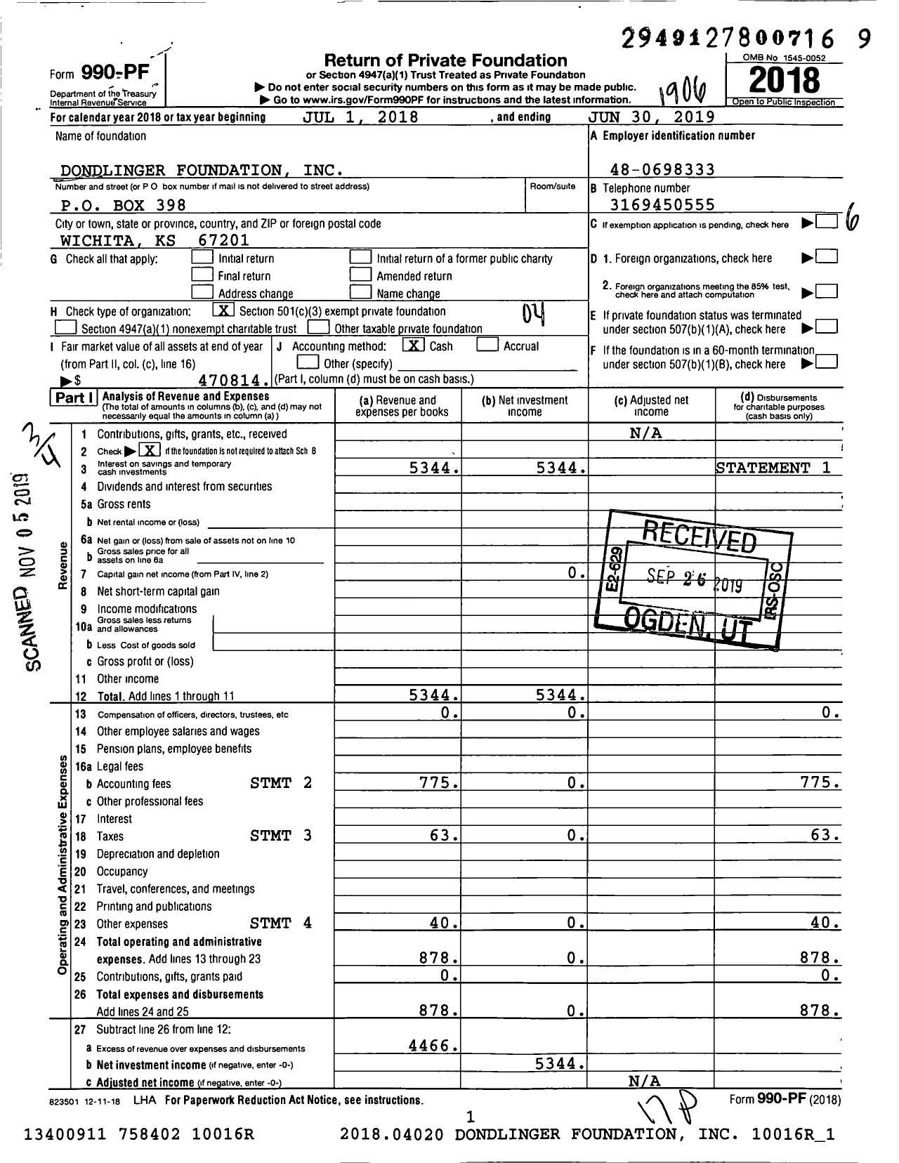 Image of first page of 2018 Form 990PF for Dondlinger Foundation