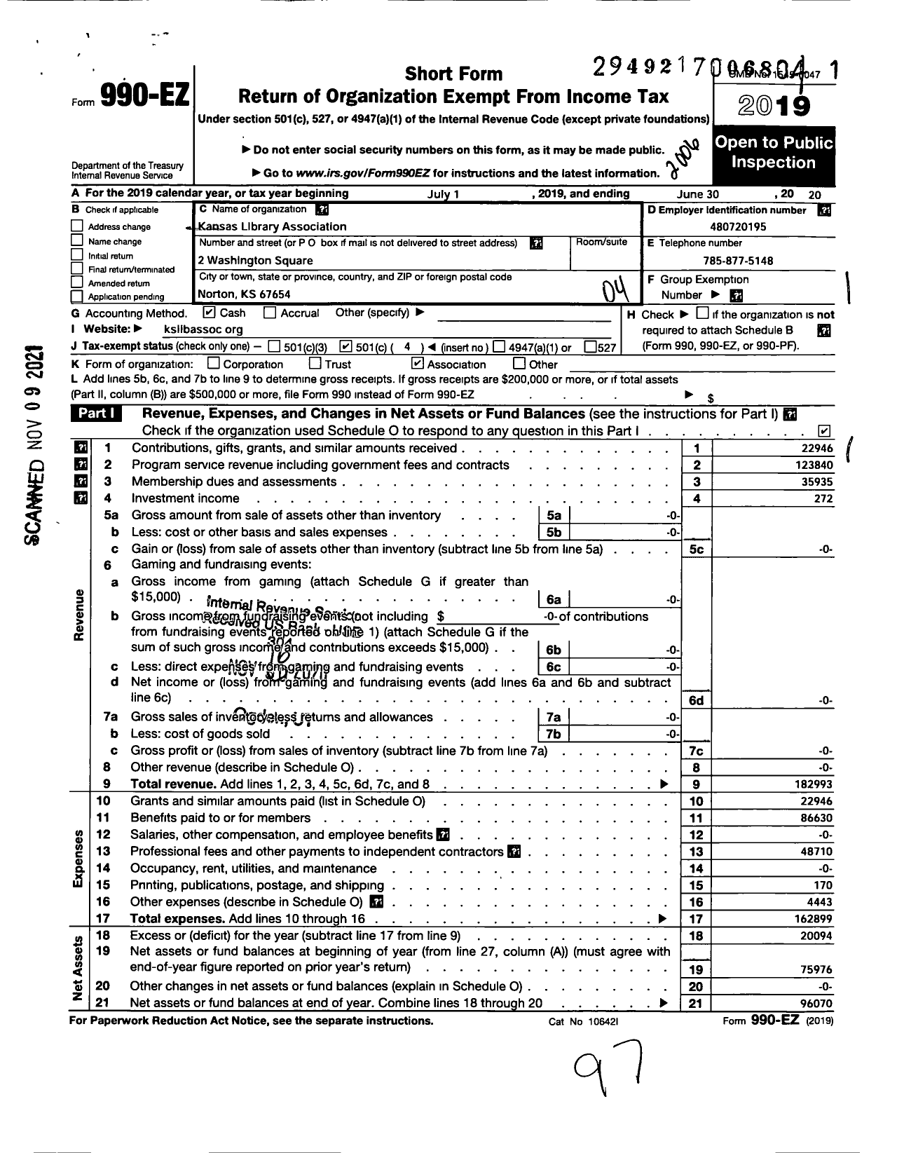 Image of first page of 2019 Form 990EO for Kansas Library Association