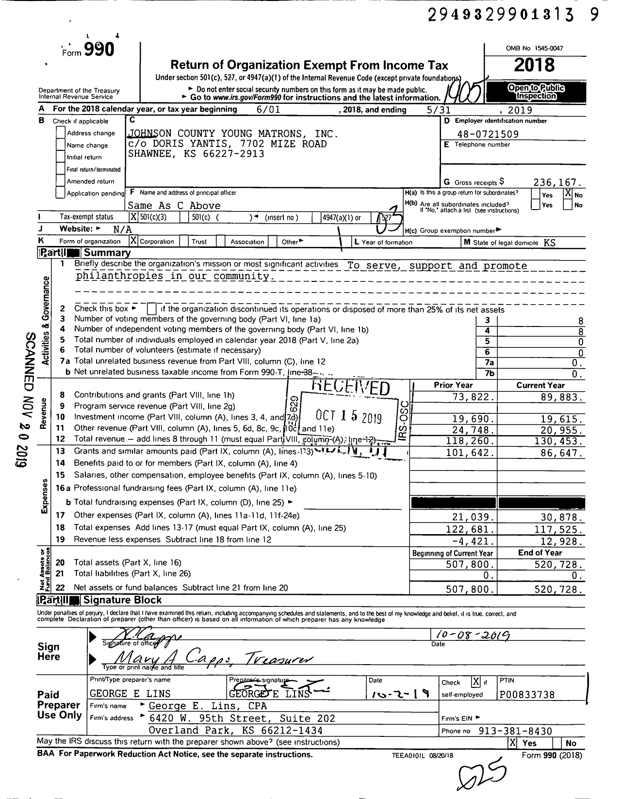 Image of first page of 2018 Form 990 for Johnson County Young Matrons