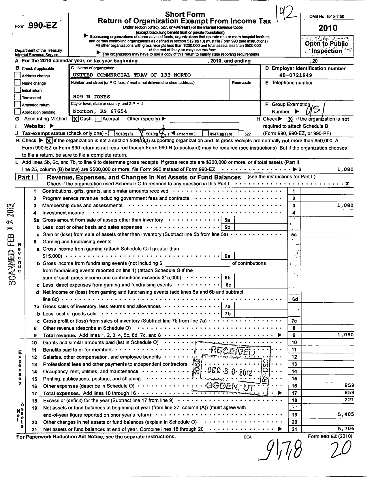 Image of first page of 2010 Form 990EO for United Commercial Traverler of America - 133 Norton Council