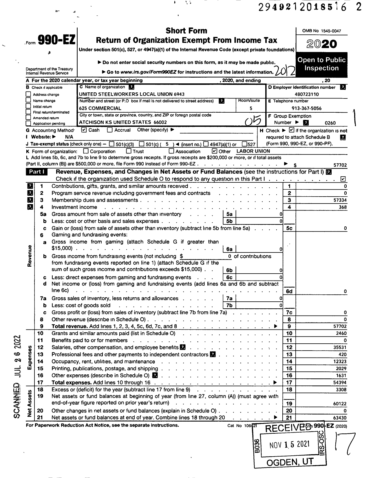 Image of first page of 2020 Form 990EO for United Steelworkers - 06943 Local