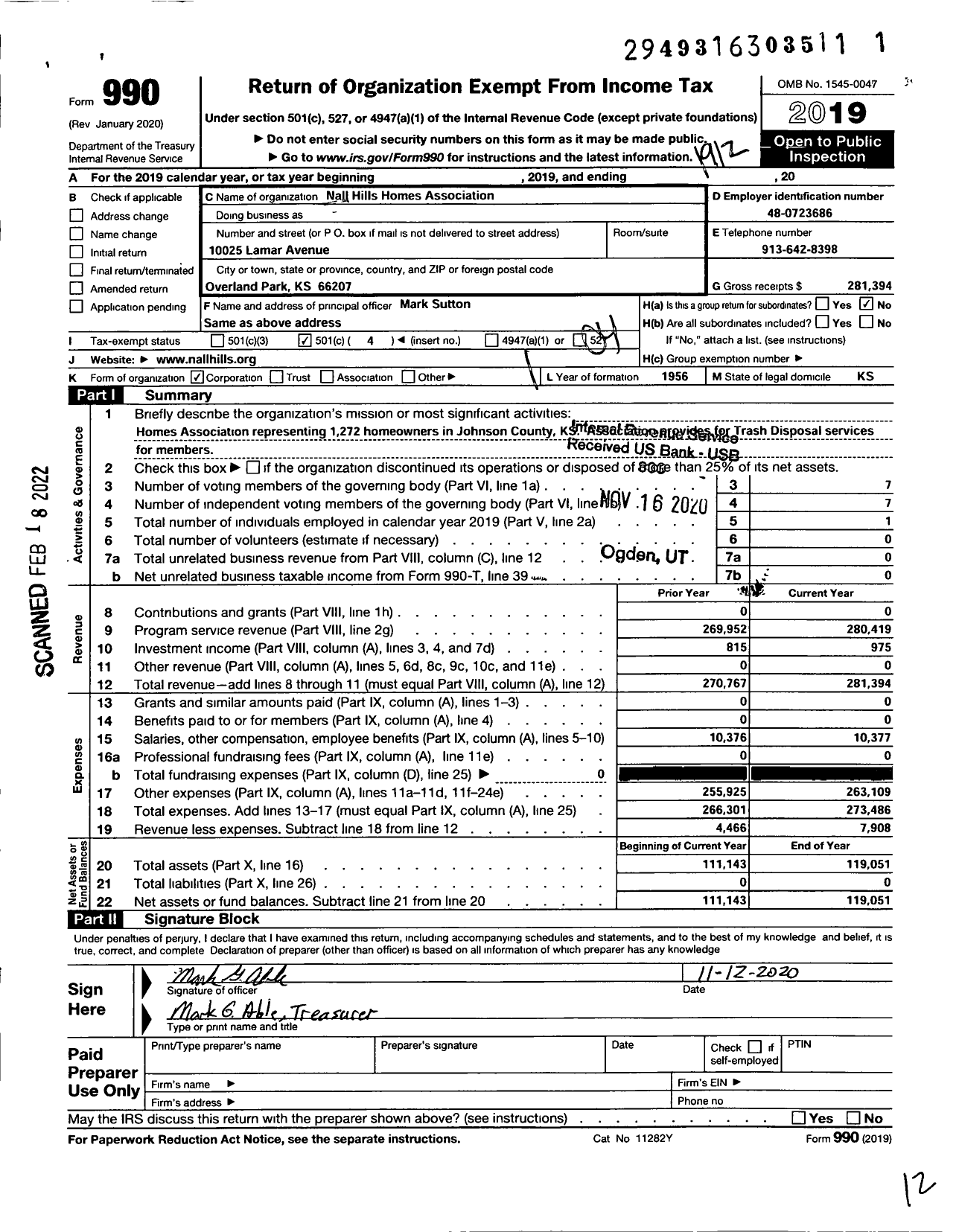Image of first page of 2019 Form 990O for Nall Hills Homes Associaton