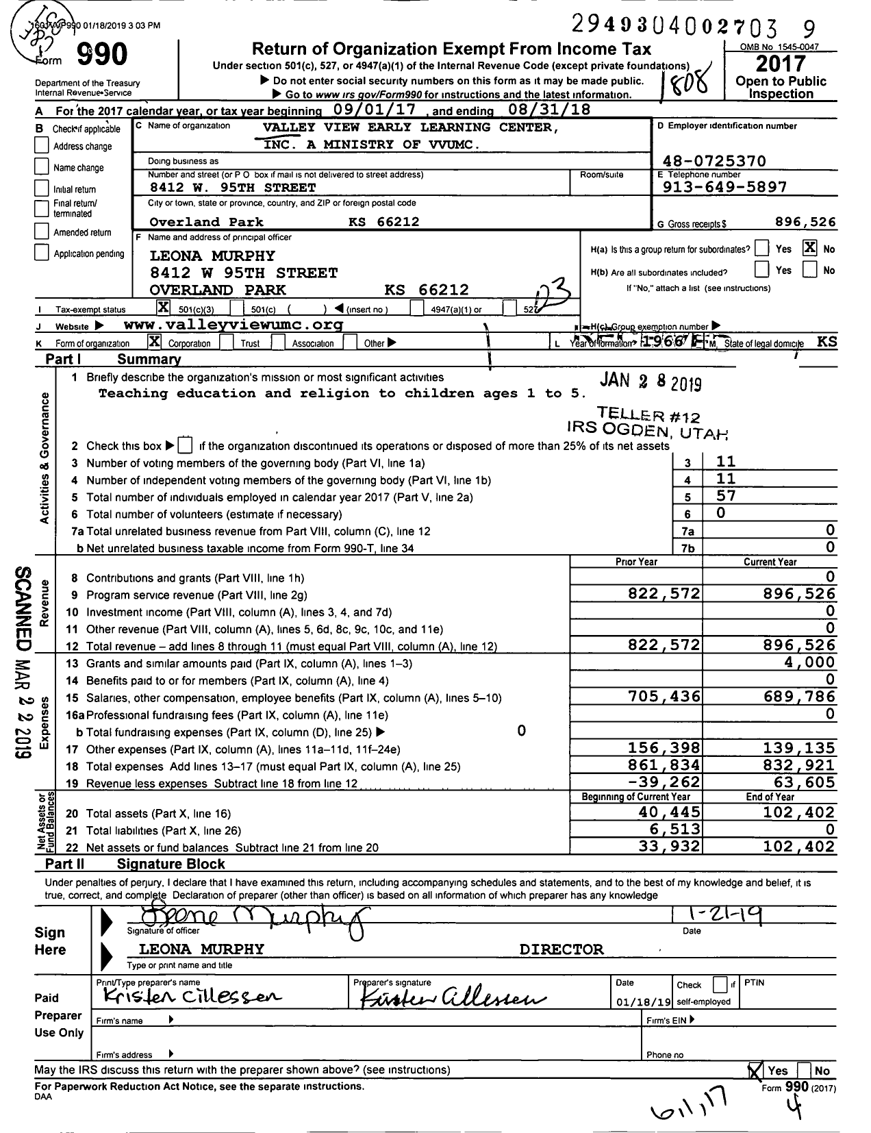 Image of first page of 2017 Form 990 for Valley View Early Learning Centers
