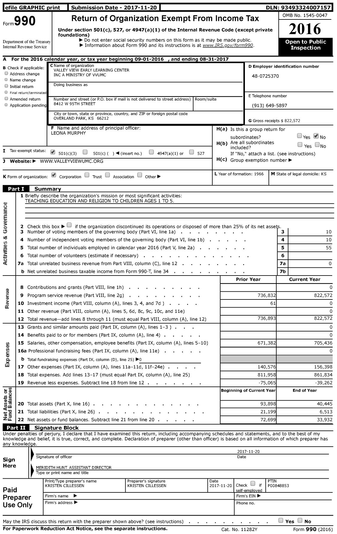 Image of first page of 2016 Form 990 for Valley View Early Learning Centers