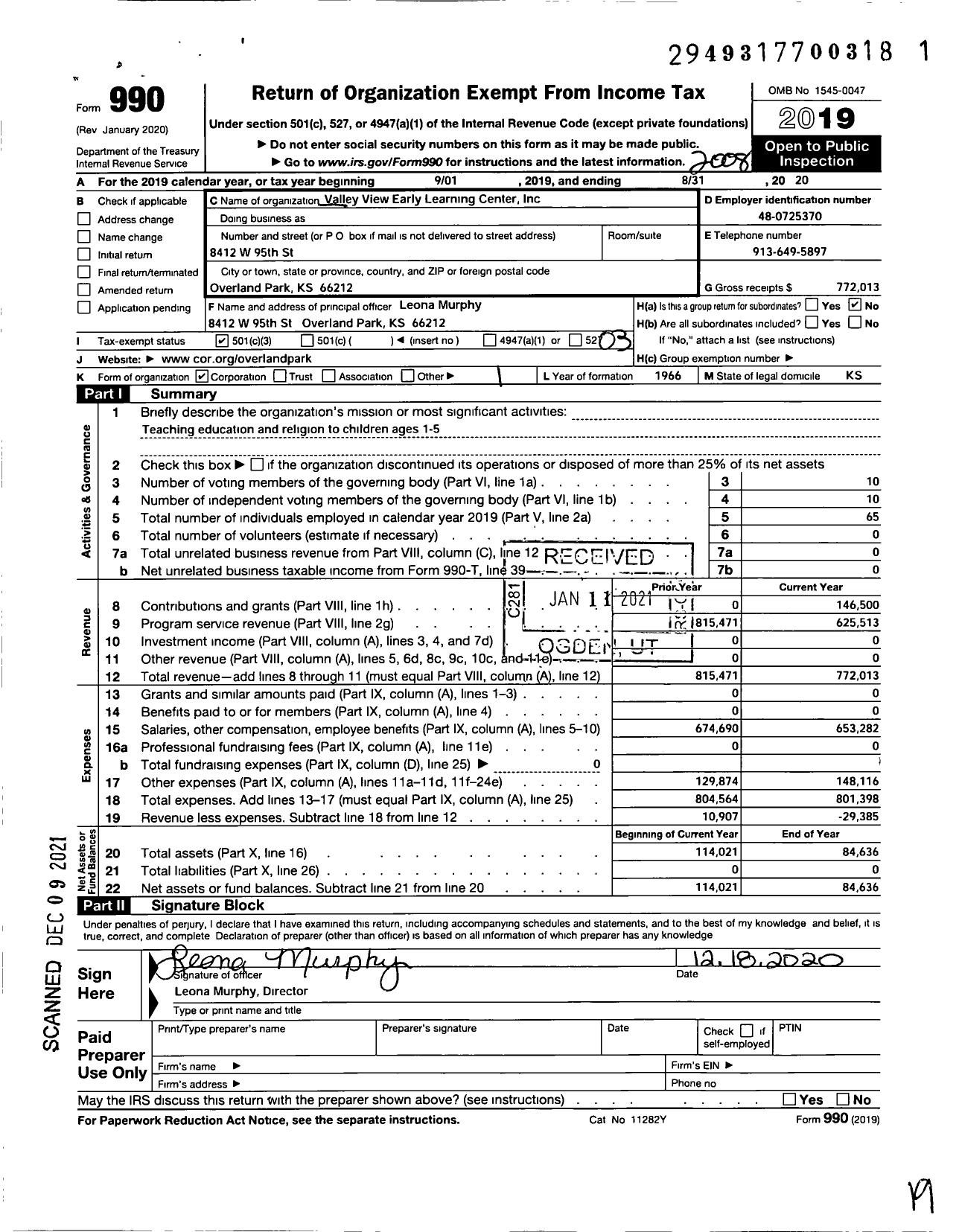 Image of first page of 2019 Form 990 for Valley View Early Learning Centers