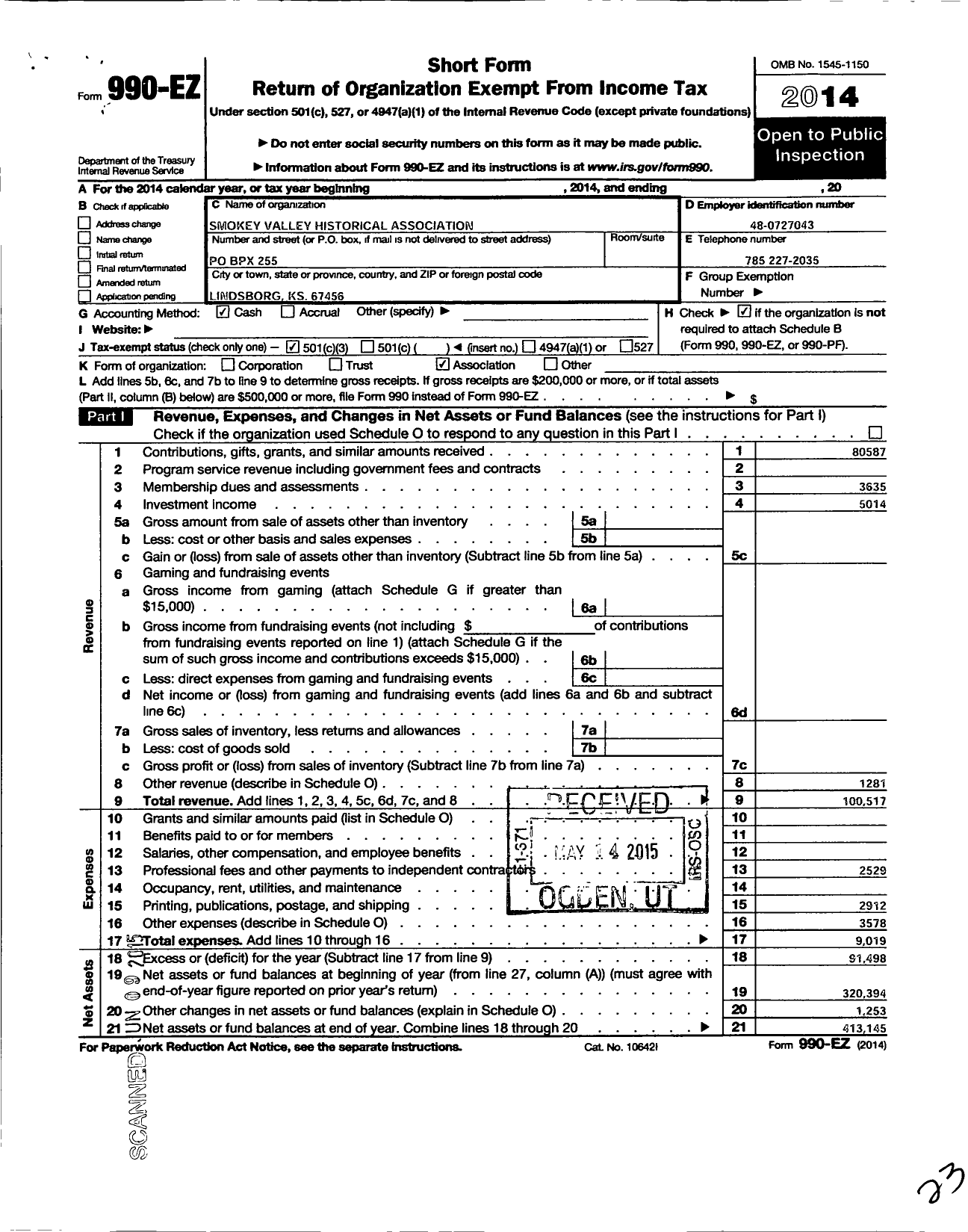 Image of first page of 2014 Form 990EZ for Smoky Valley Historical Association