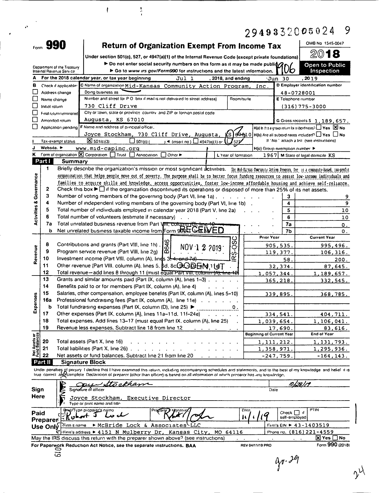 Image of first page of 2018 Form 990 for Mid-Kansas Community Action Program