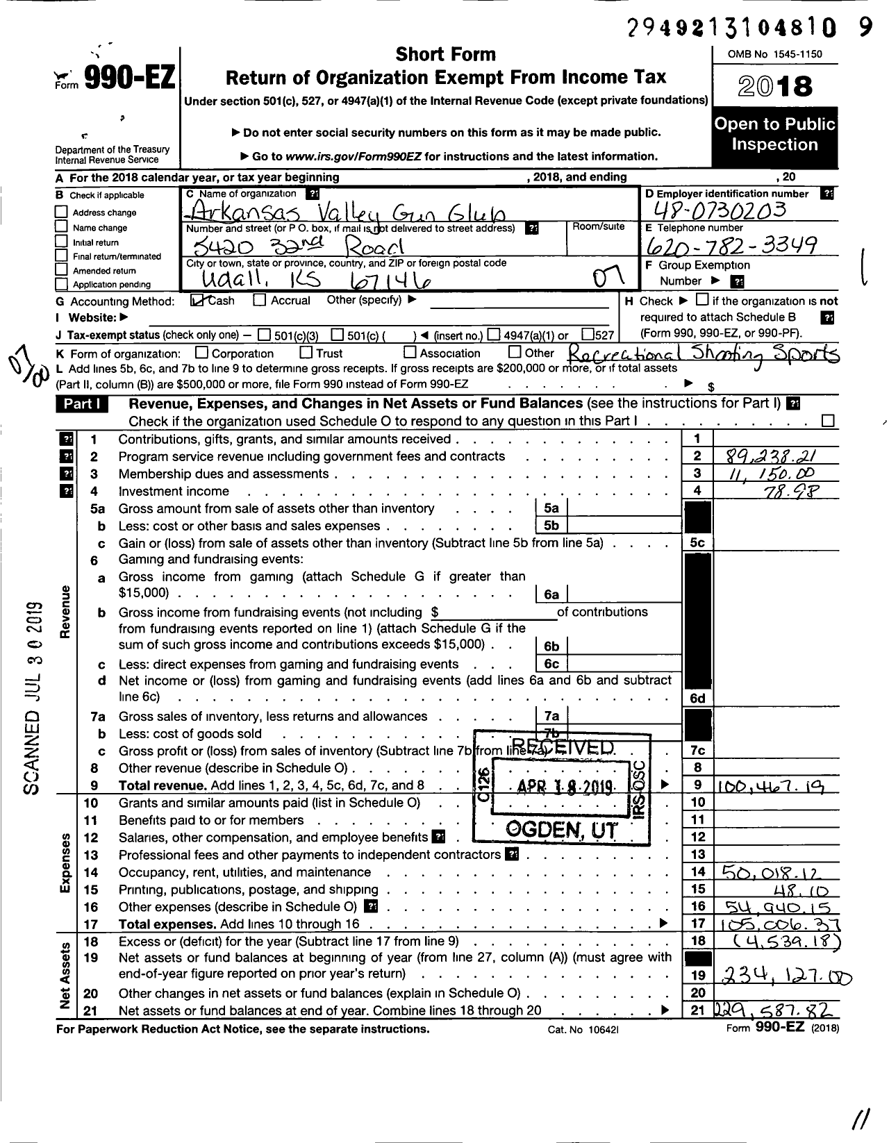 Image of first page of 2018 Form 990EO for Arkansas Valley Rod and Gun Club