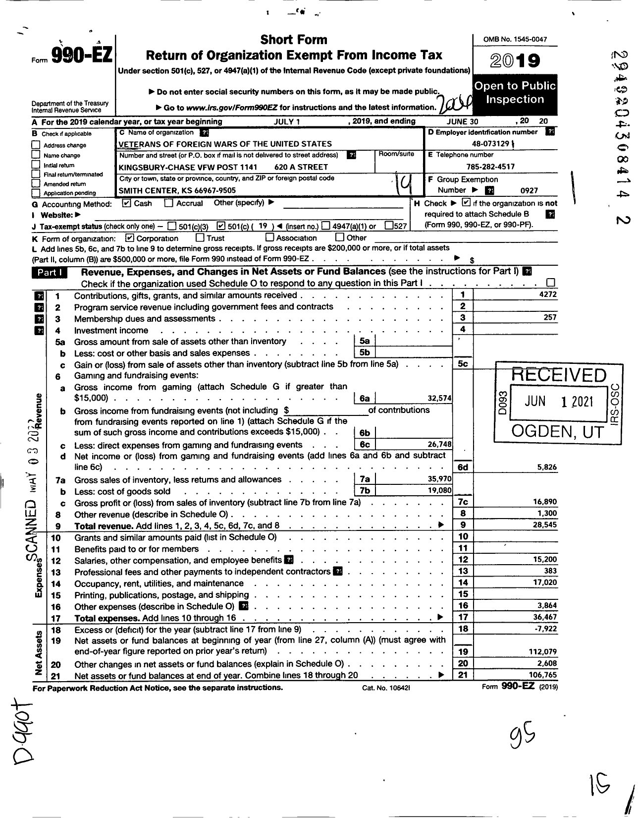 Image of first page of 2019 Form 990EO for Veterans of Foreign Wars of the United States Dept of Kansas - 1141 Kingsbury-Chase