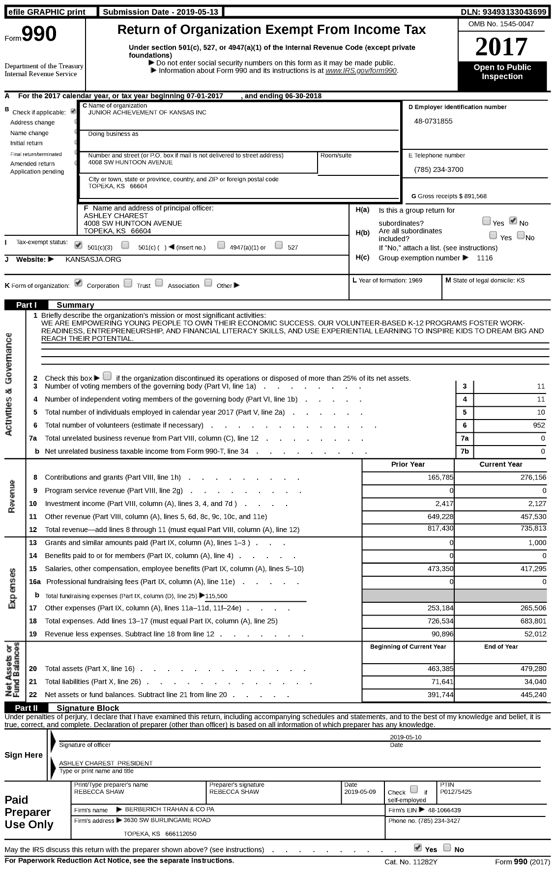 Image of first page of 2017 Form 990 for Junior Achievement of Kansas