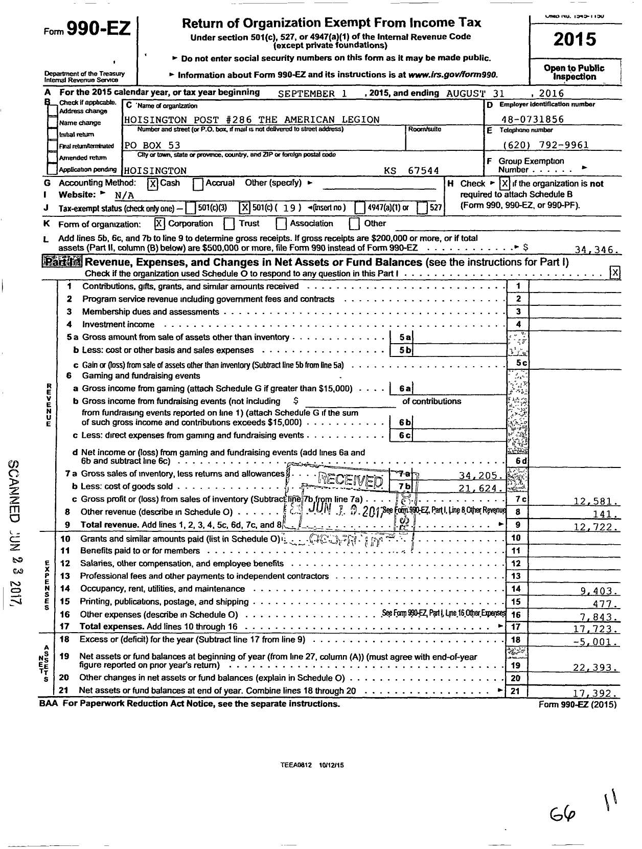 Image of first page of 2015 Form 990EO for American Legion - 286 Hoisington