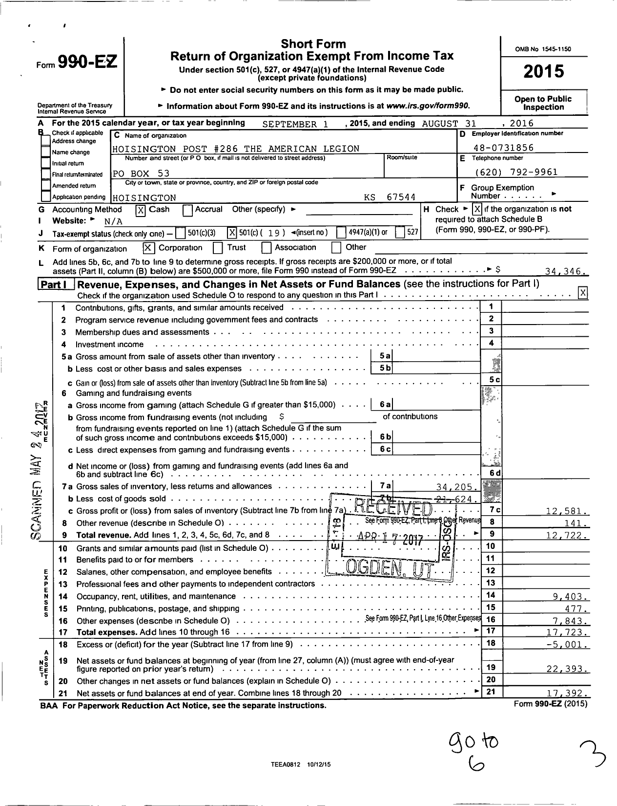 Image of first page of 2015 Form 990EO for American Legion - 286 Hoisington