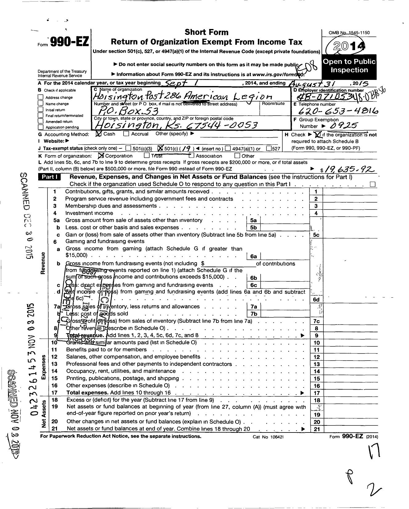 Image of first page of 2014 Form 990EO for American Legion - 286 Hoisington