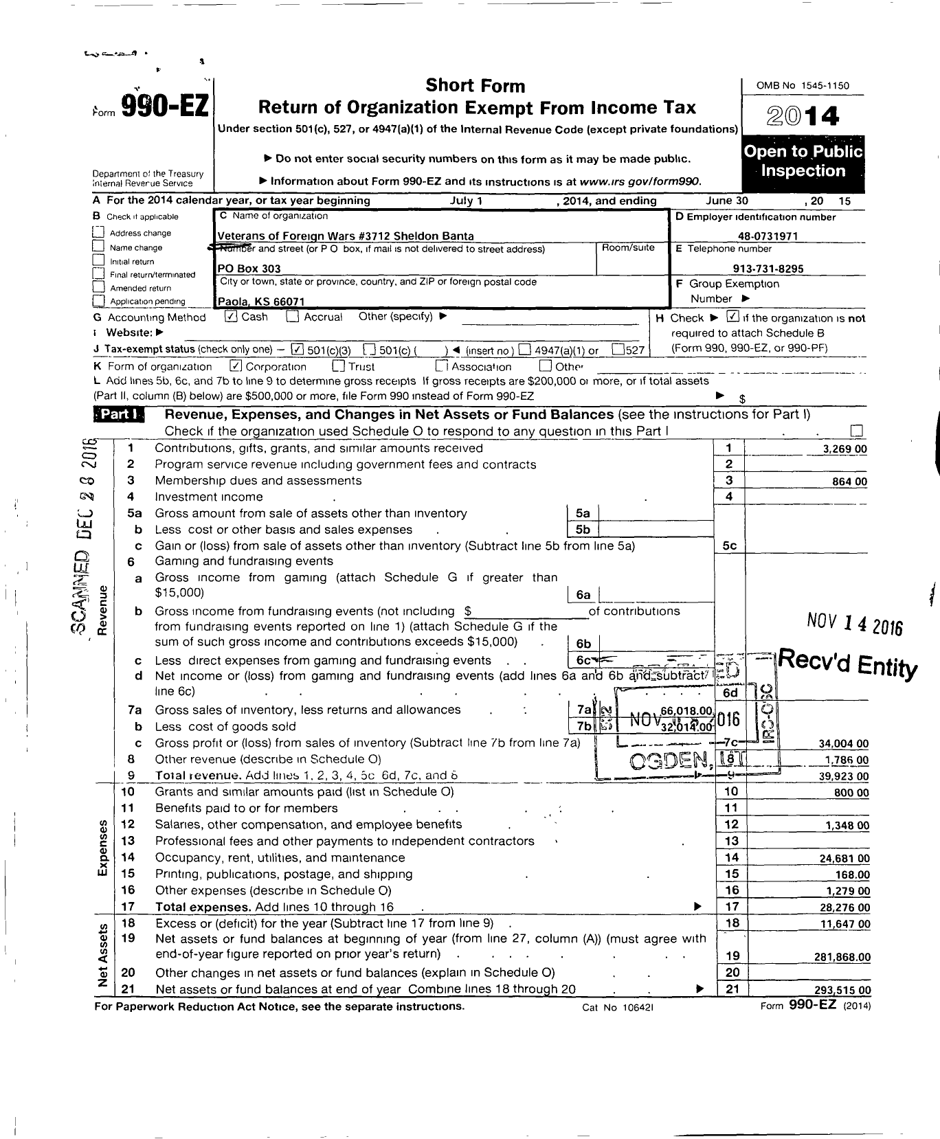 Image of first page of 2014 Form 990EZ for Veterans of Foreign Wars of the United States Dept of Kansas - 3712 Sheldon-Banta