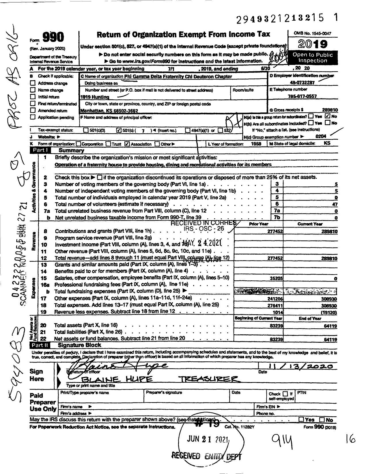 Image of first page of 2019 Form 990O for Phi Gamma Delta Fraternity - Chi Deuteron Chapter