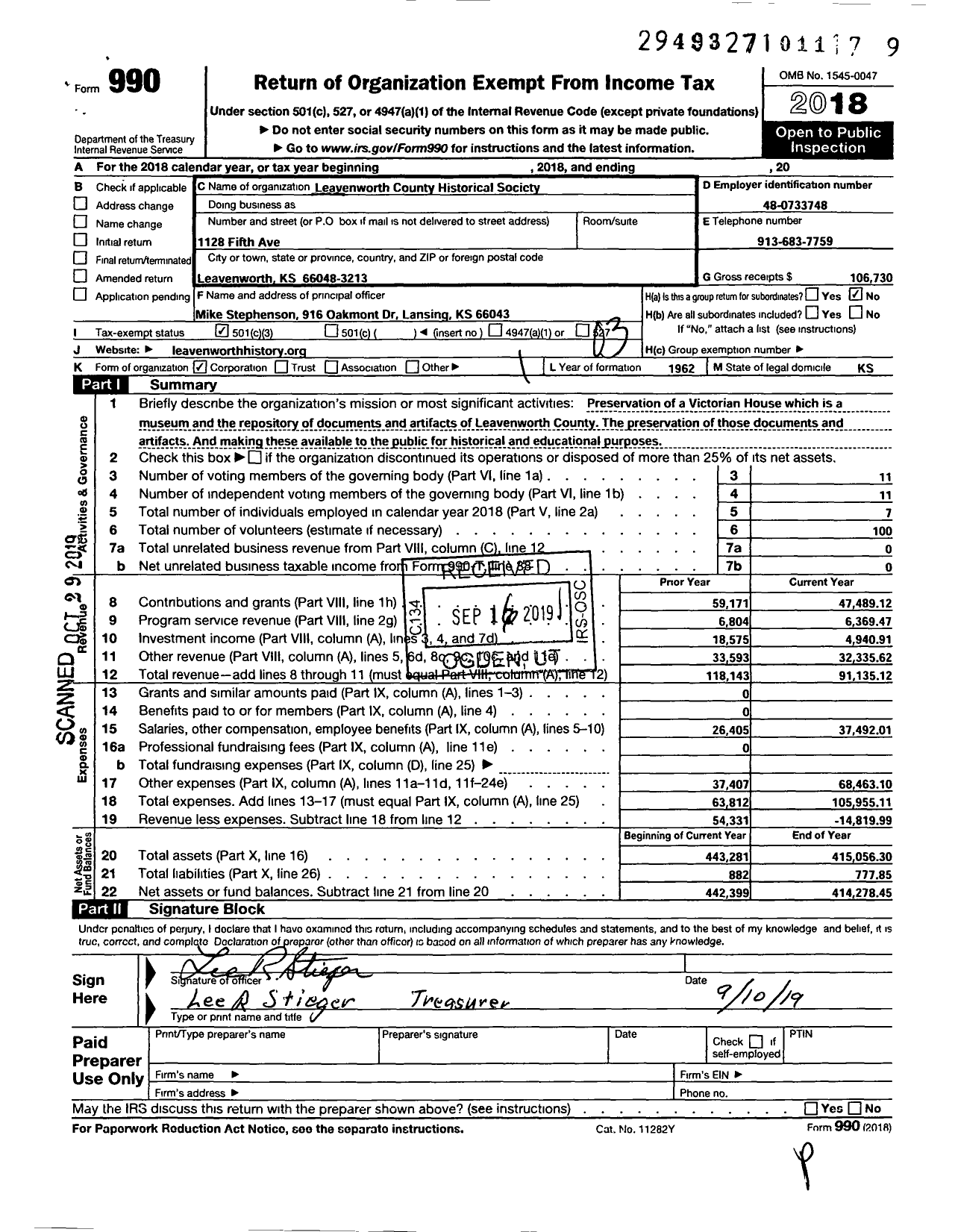 Image of first page of 2018 Form 990 for Leavenworth County Historical Society