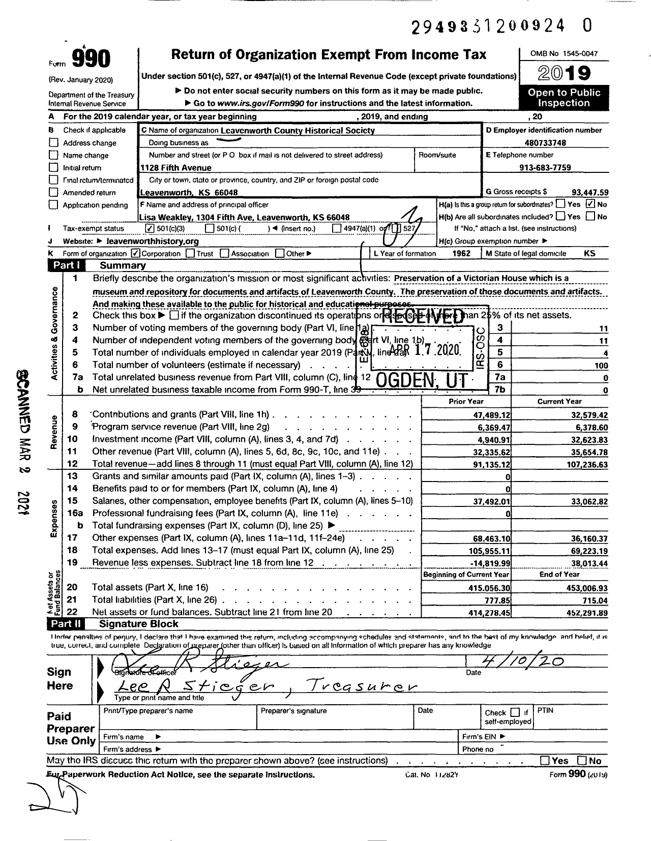 Image of first page of 2019 Form 990 for Leavenworth County Historical Society