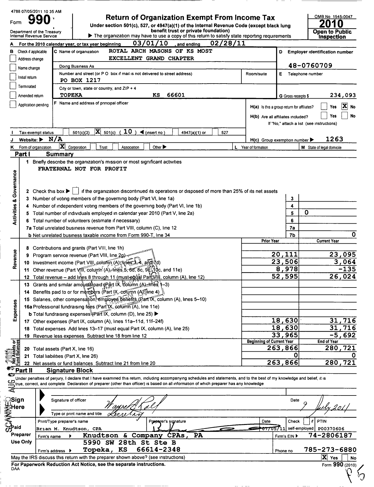 Image of first page of 2010 Form 990O for Royal Arch Masons of Kansas Grand Chapter